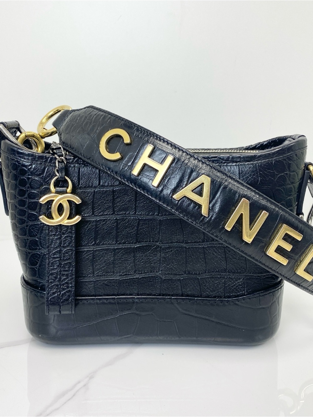 Chanel Small Gabrielle Crocodile Embossed Calfskin Hobo Bag